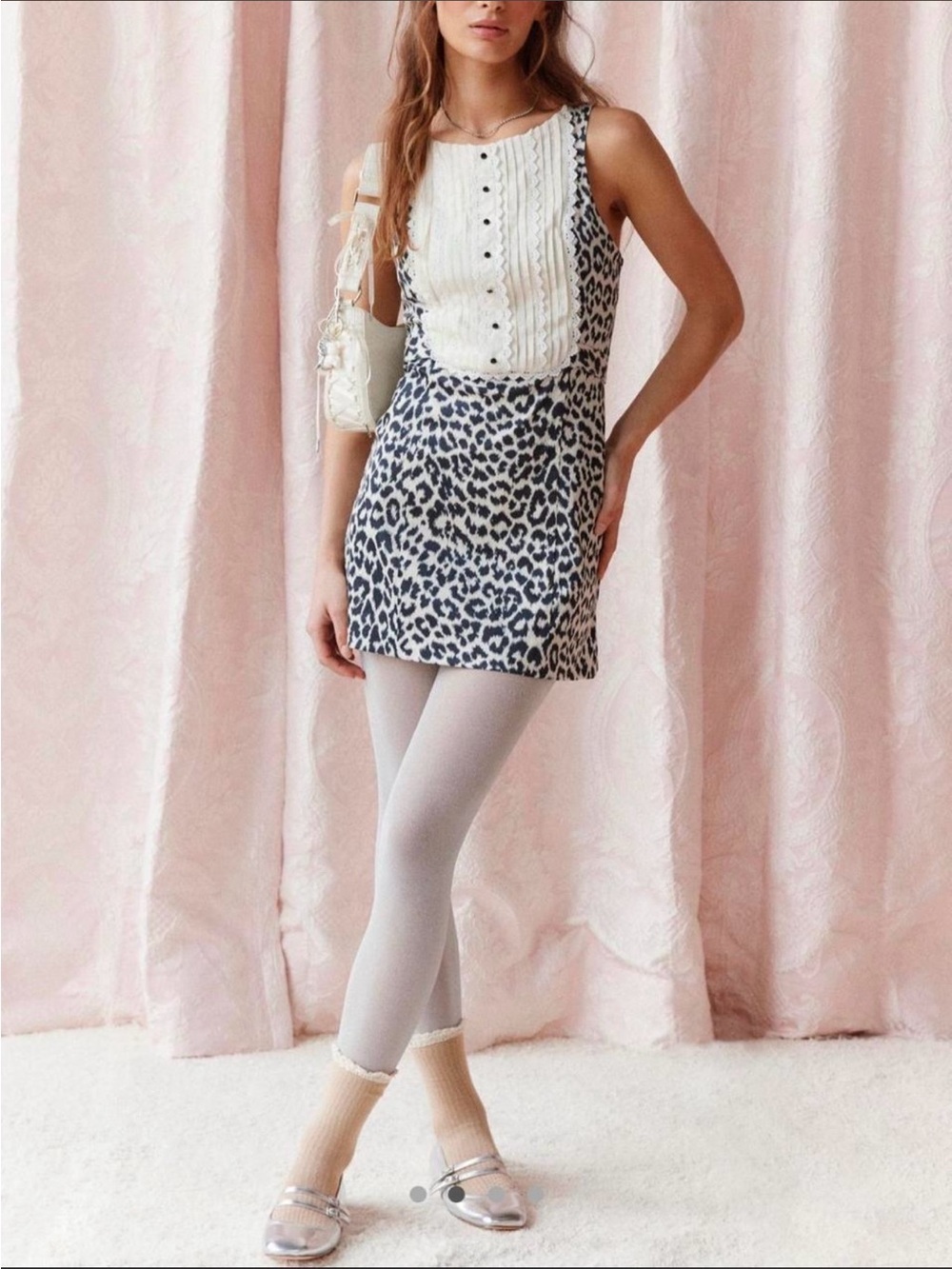 Urban Outfitters Black & White Leopard Mini Dress with Cream Bib
